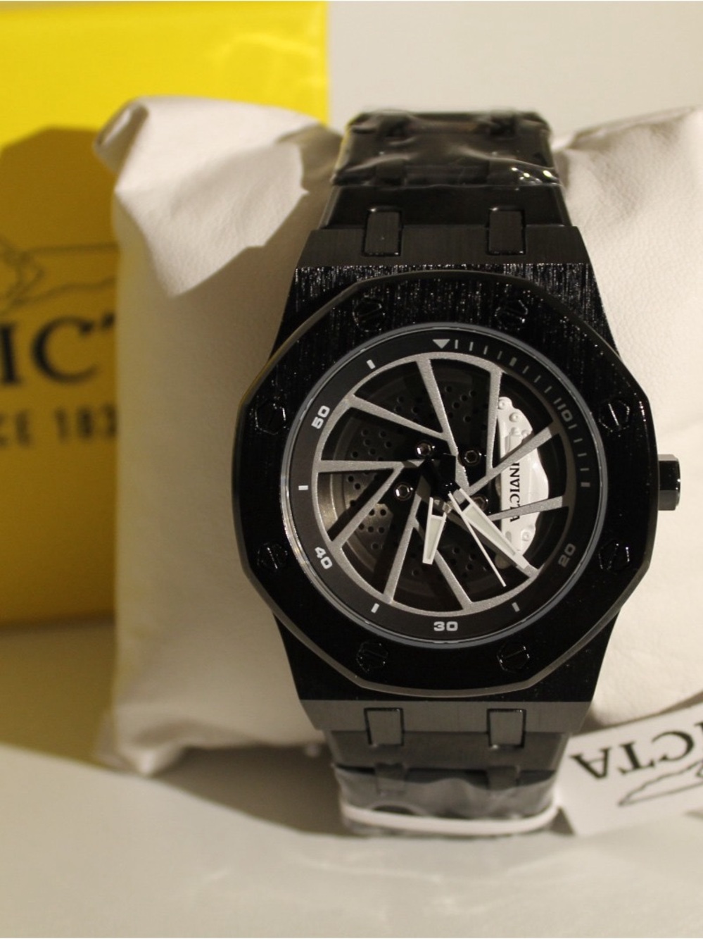 Invicta Black Stainless Steel Skeleton Dial Watch with Gray Accents